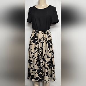 Shein Belted Midi Dress 12 Floral Short Sleeve Ribbed Black Tan Elastic Waist